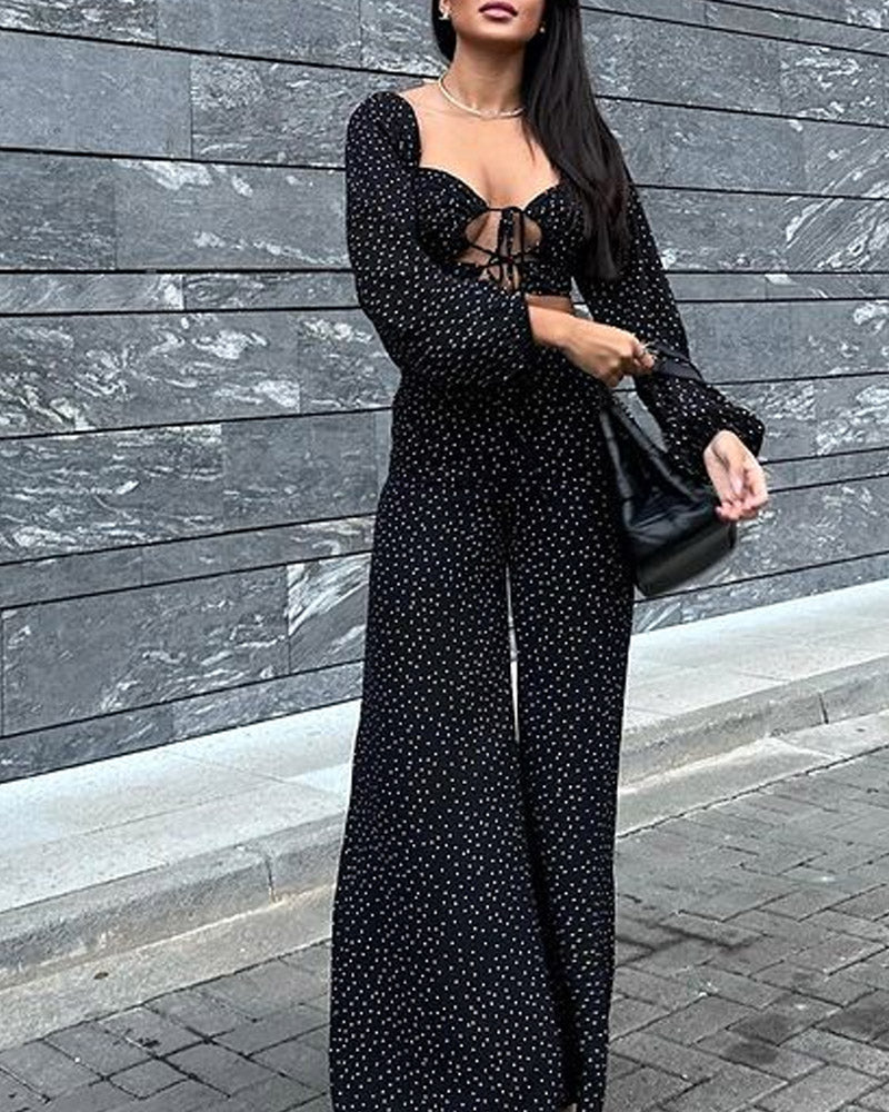 Polka Dot Hollow Drawstring Casual Jumpsuit