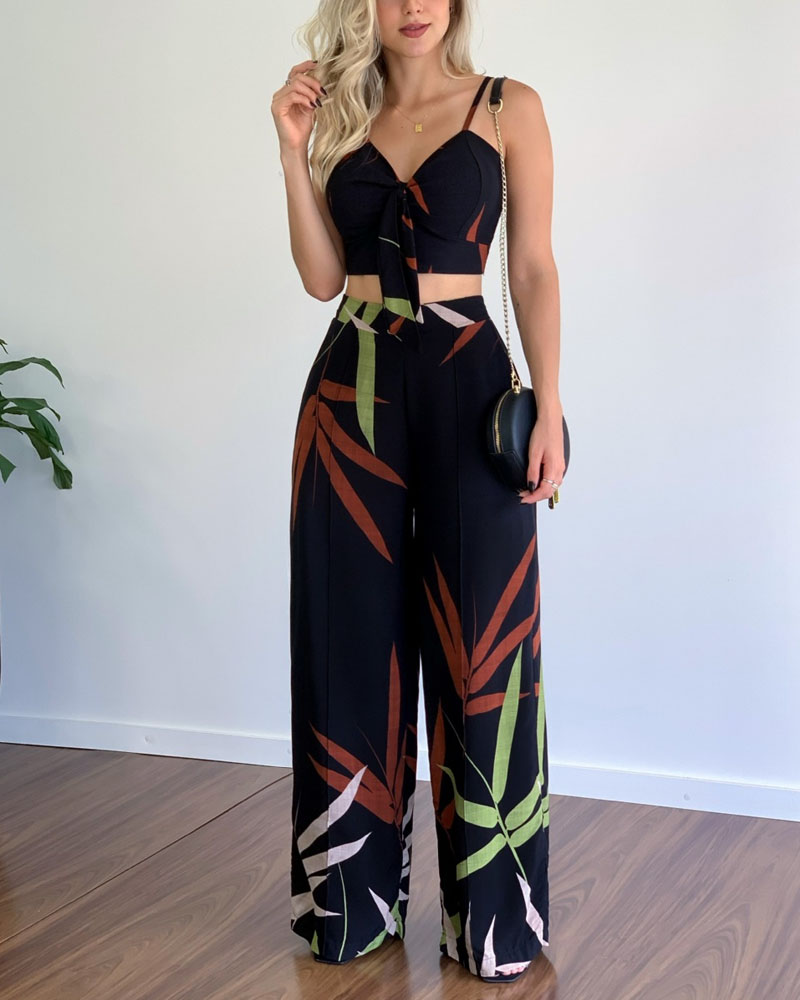 V-Neck Cropped Tank Top & Printed Wide-Leg Pants Two-Piece Set