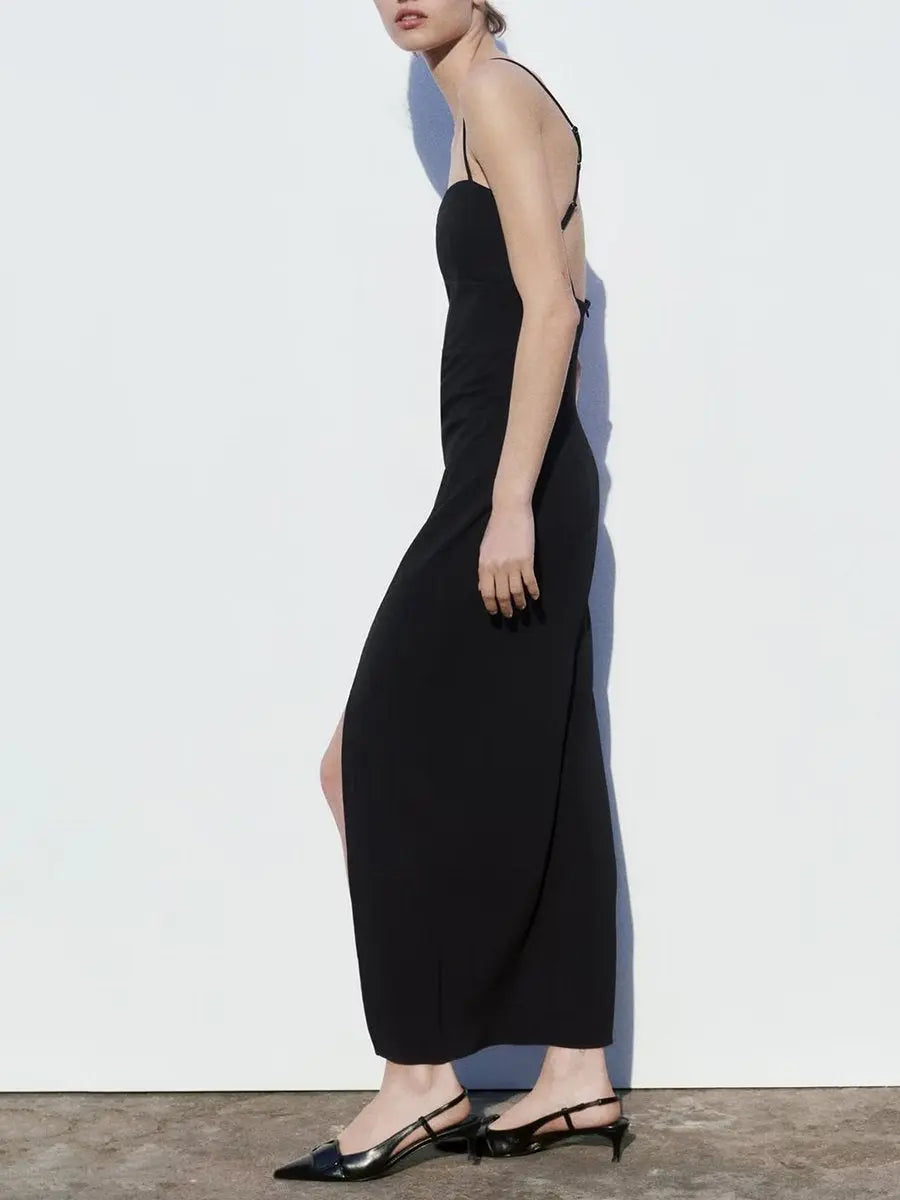 Black Sleeveless Cami Bare Back Split Hem Midi Dress