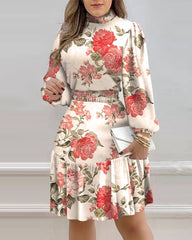 Floral-print balloon-sleeve gathered ruffle dress