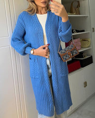 Solid Color Knitted Pocket Casual Cardigan