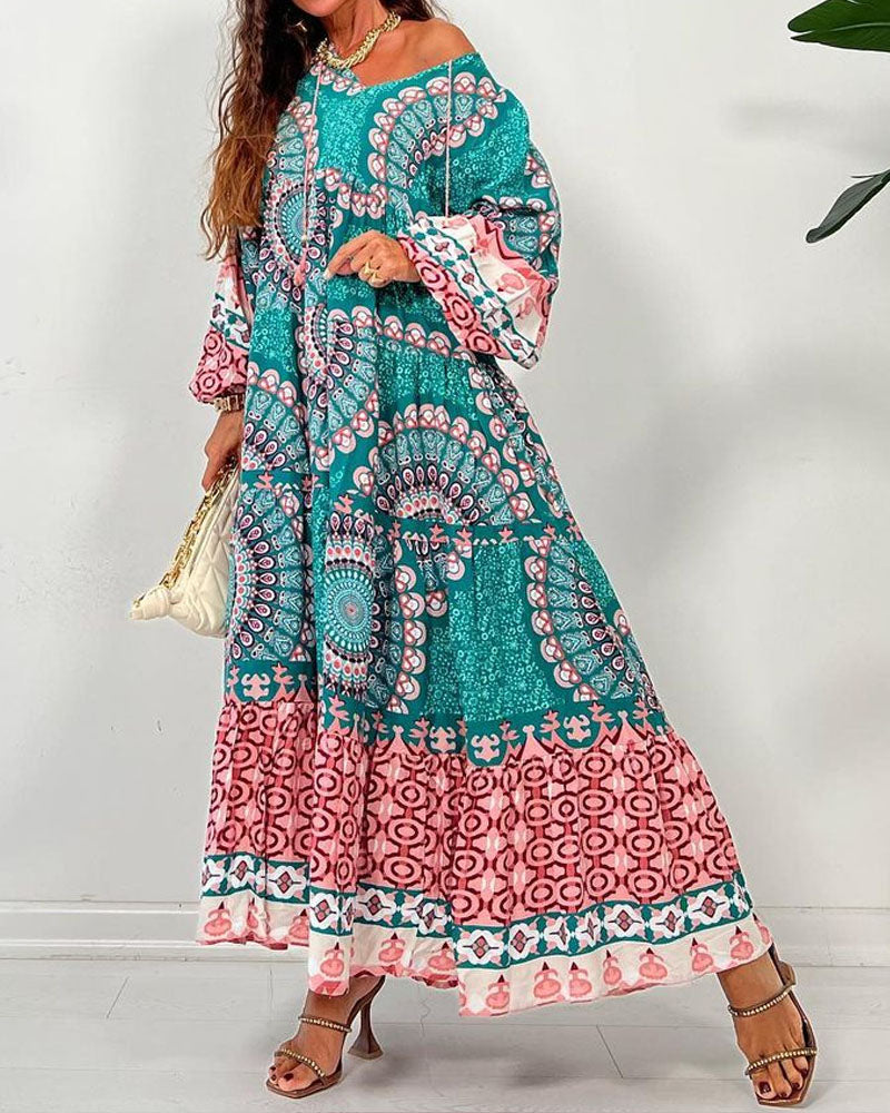 Vintage Print V-Neck Long Sleeve Dress