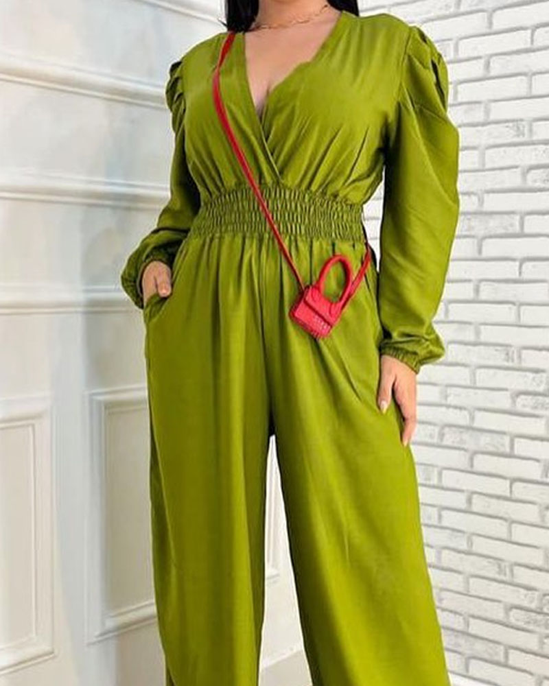 V-Neck Long Sleeve Nipped Waist Solid Color Jumpsuit