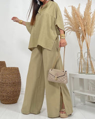 V-Neck Long Sleeve Top & Loose Pants Two-Piece Set