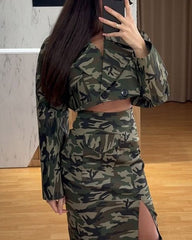 Camouflage Suit & High Waist Slit Skirt Two Piece Set