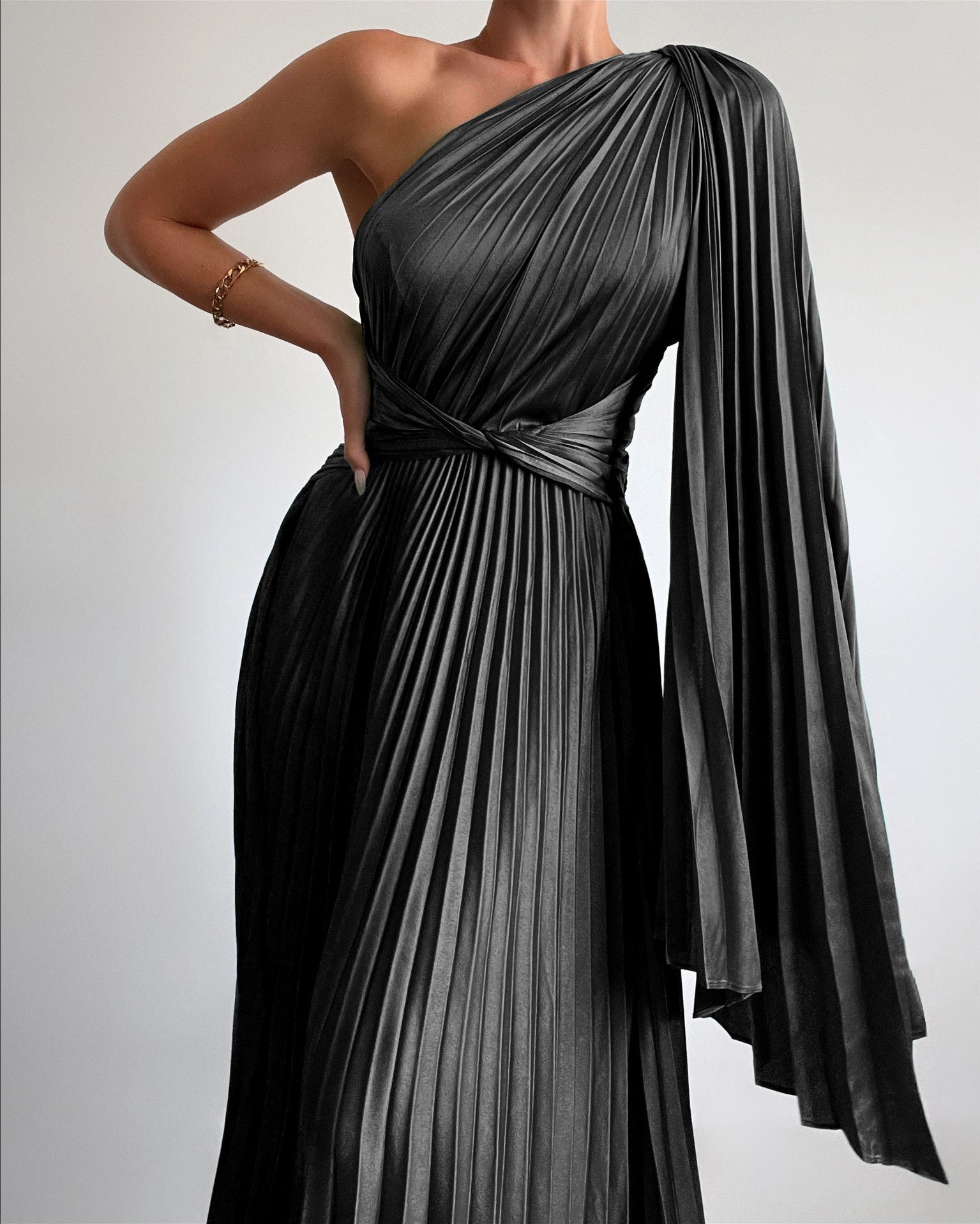 One-shoulder pleated satin dress