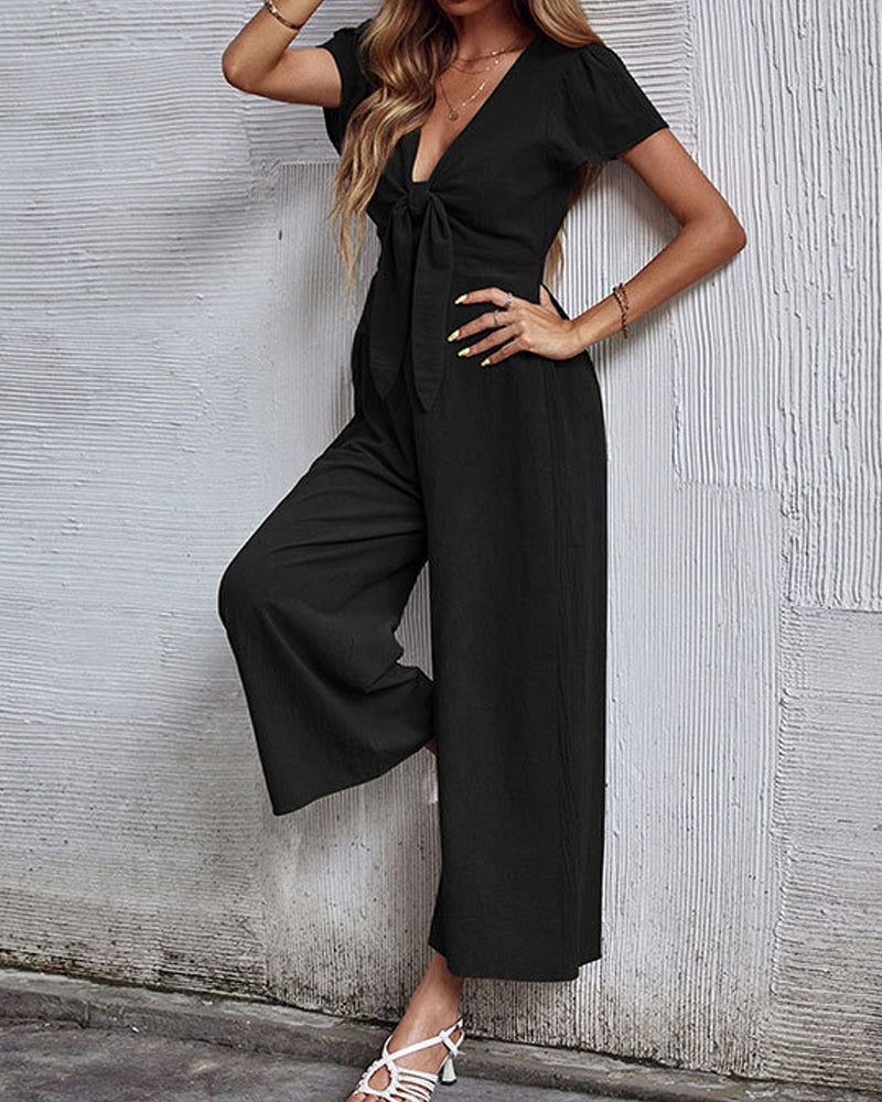 Solid Color Sexy V-neck Cropped Wide-leg Jumpsuit