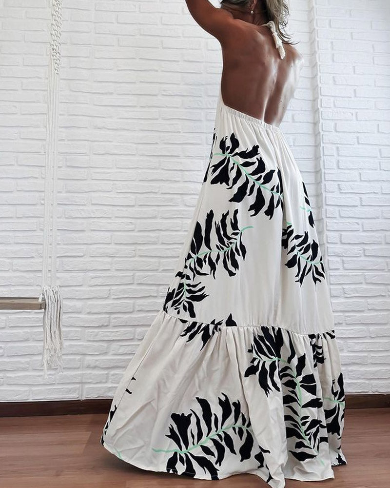 Printed Halter Neck Open Back Resort Style Dress