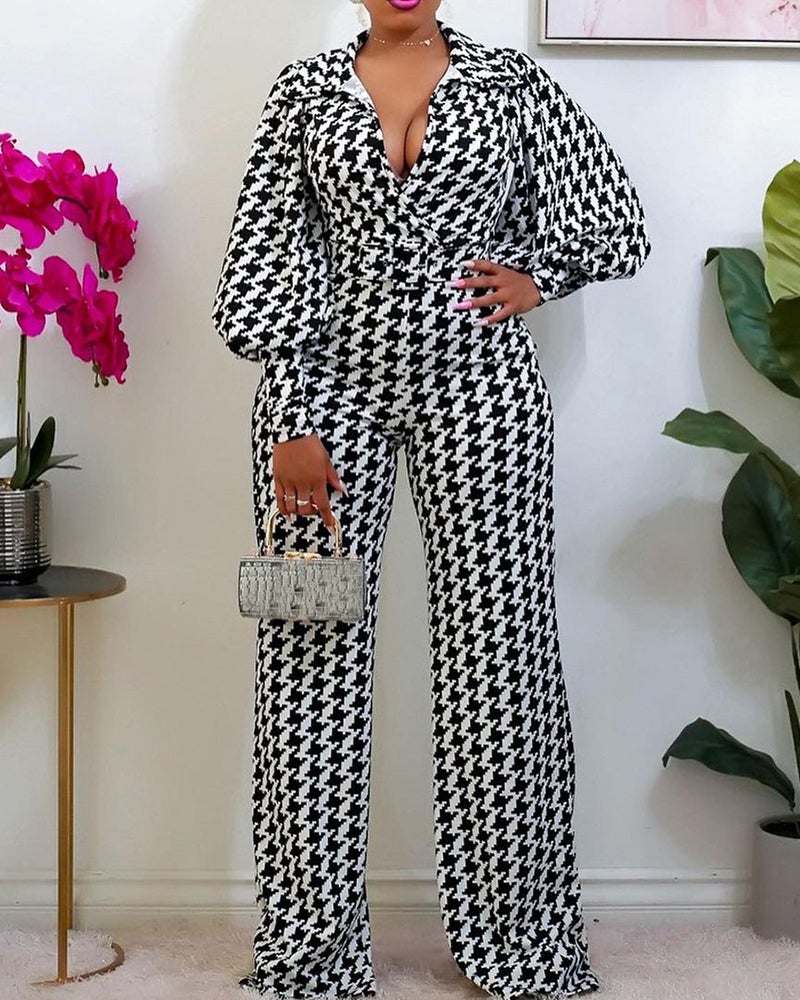 Lantern straight tube printed wide leg jumpsuit