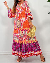 Vintage Print V-Neck Long Sleeve Dress