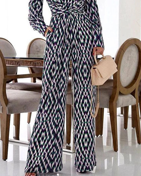 Trendy geometric print V-neck slim-fit long-sleeved jumpsuit