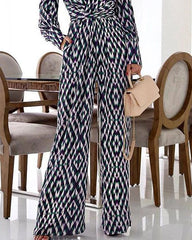 Trendy geometric print V-neck slim-fit long-sleeved jumpsuit