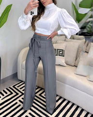 Solid Color Turtleneck Top & Strappy Wide-leg Pants Two-piece Set