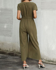 Solid Color Sexy V-neck Cropped Wide-leg Jumpsuit