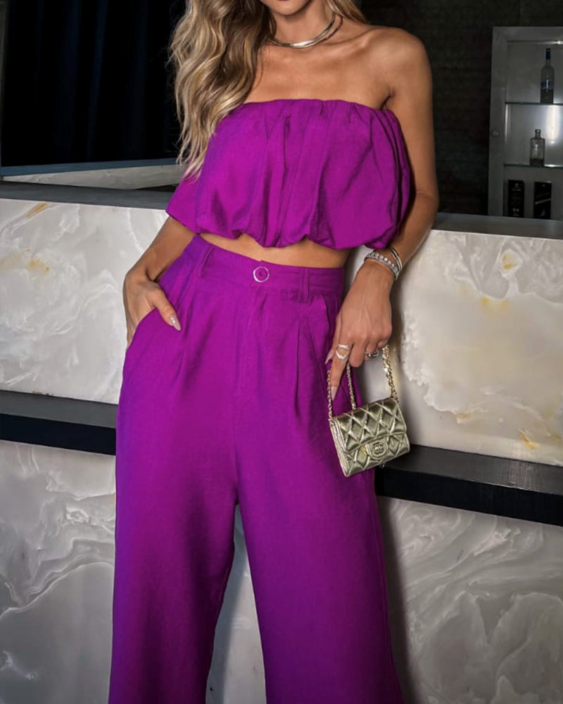 Casual Solid Color Tube Top & Trousers Two-piece Set