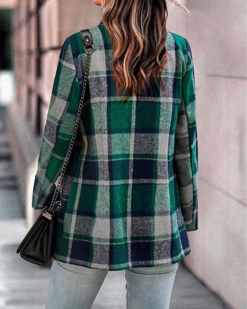 Loose Check Long Sleeve Pocket Wool Jacket