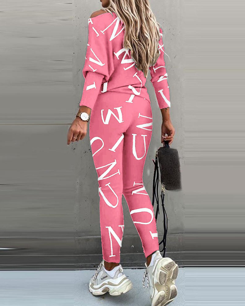 Casual Letter Print Long Sleeve Top & Pants Two-Piece Set