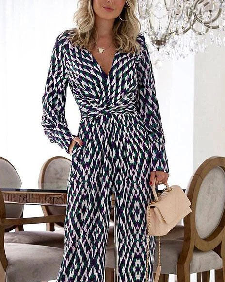 Trendy geometric print V-neck slim-fit long-sleeved jumpsuit