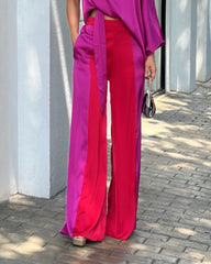 One-shoulder Long-sleeve Tie-up Top and Color-block Pants Two-piece Suit