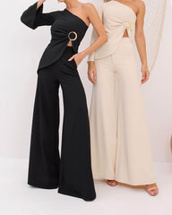 Solid Color One-shoulder Design Top & High-waisted Wide-leg Pants Two-piece Set