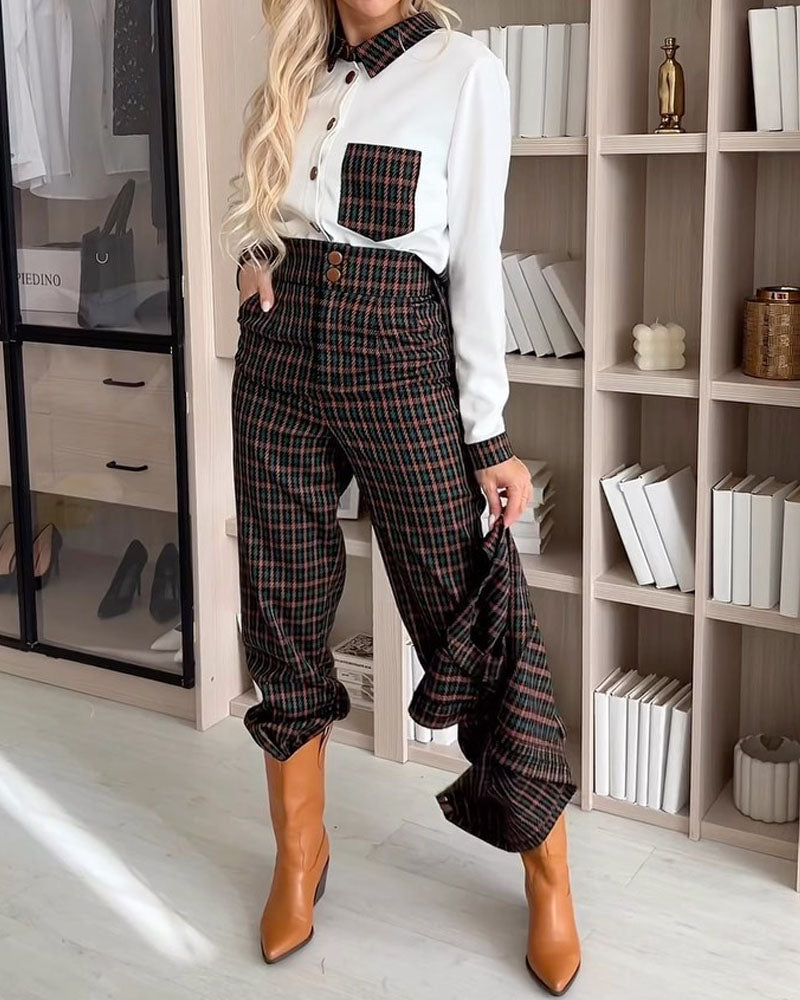 Fashionable Patchwork Lapel Shirt & Plaid Trousers Two-piece Set