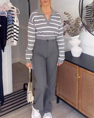 V-neck Striped Top & Casual Pants Two-piece Set