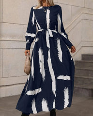 Printed Belt Long Sleeve Long Dress