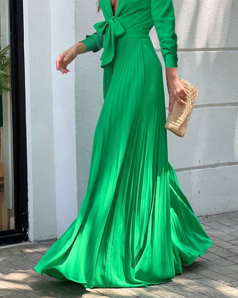 Fashionable V-Neck Long Sleeve Pleated Jumpsuit