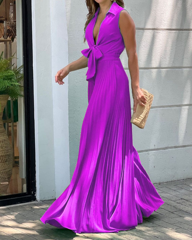 Fashionable V-neck Sleeveless Pleated Jumpsuit