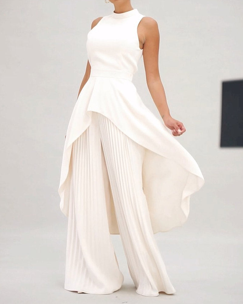 Solid Color Waistcoat, Irregular Hem Top & Pleated Wide-leg Pants Two-piece Set