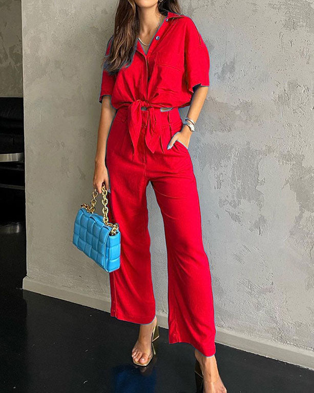 Short-sleeved loose top cotton linen wide-leg pants two-piece suit