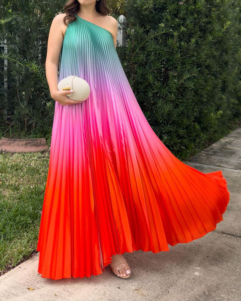 Gradient Off-shoulder Pleated Holiday Dress