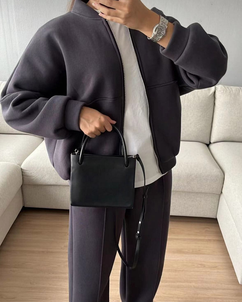 Solid Color Casual Zipper Sweatshirt Jacket & Sweatpants Two-piece Set