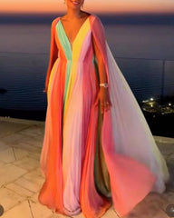 V-neck Colorful Colorblock Pleated Shawl Dress