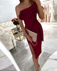 One-shoulder ruffled off-the-shoulder tie wrap hip dress