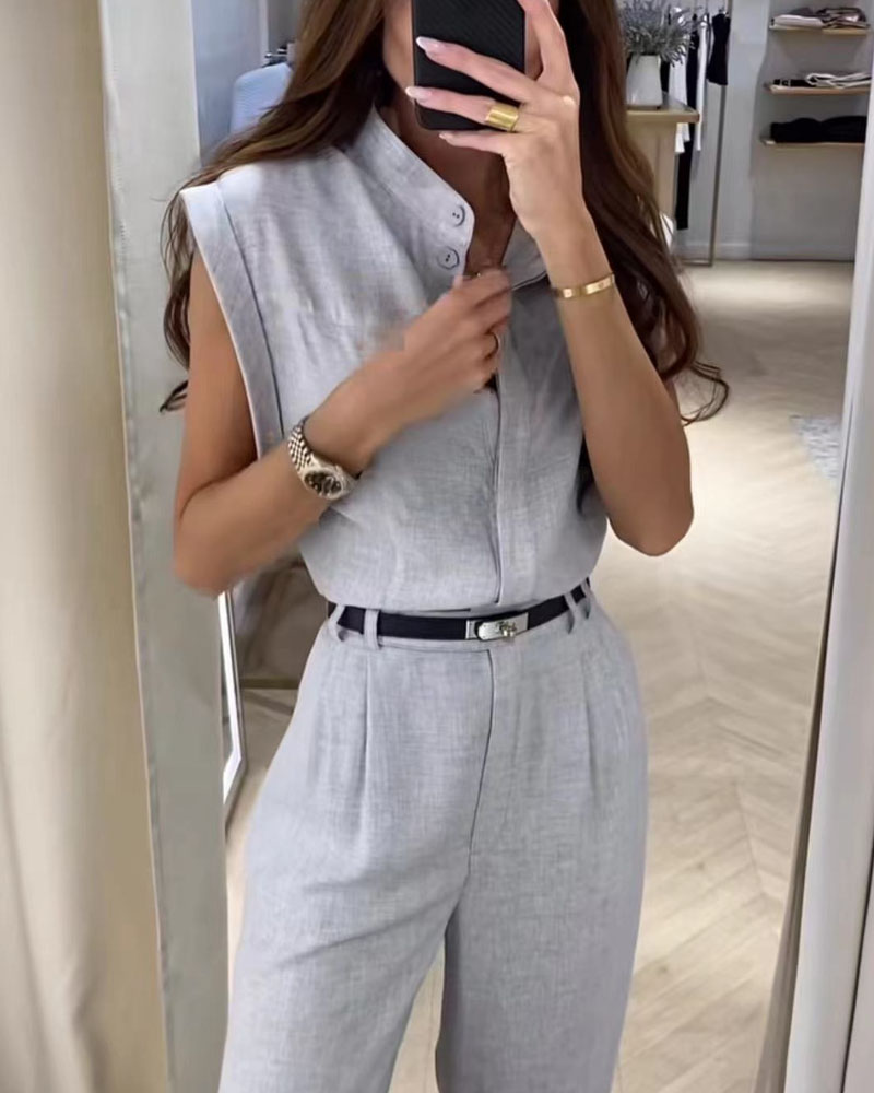 Casual Solid Color Shirt & Pants Two-Piece Set