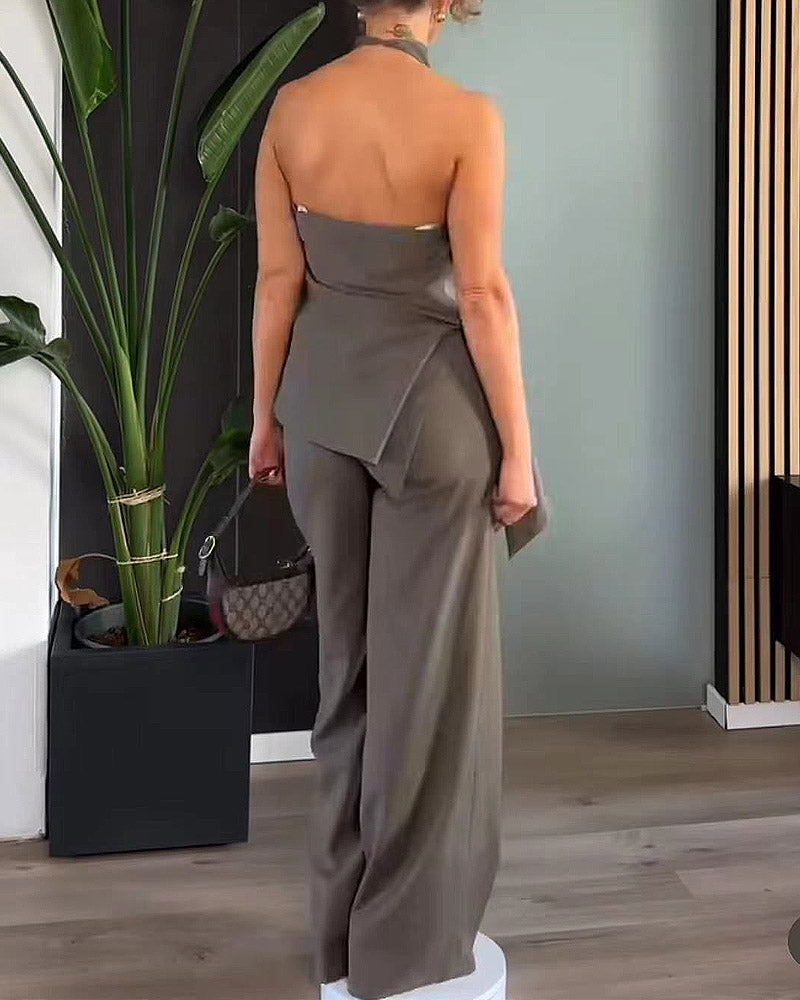 Solid Color Halter Neck Halter Top & Wide Leg Pants Two-piece Set