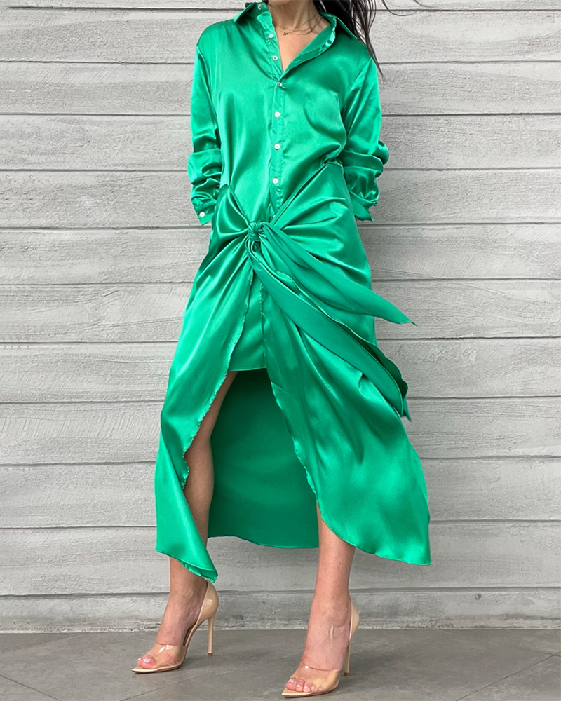 Lapel Tie Satin Long Sleeve Dress