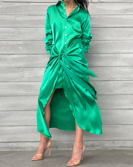 Lapel Tie Satin Long Sleeve Dress