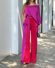 One-shoulder Long-sleeve Tie-up Top and Color-block Pants Two-piece Suit