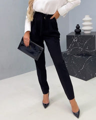 Fashionable Solid Color Turtleneck Top & Trousers Two-piece Set