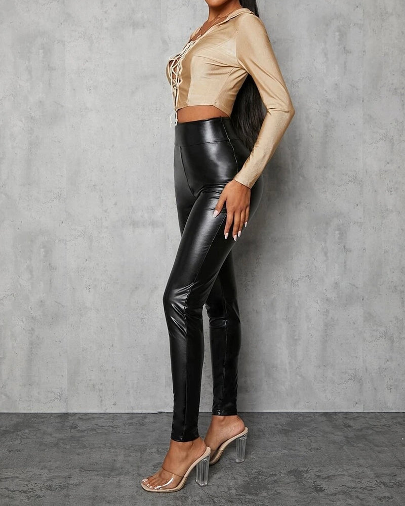 Fleece High Waist Leather Pants