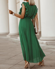 Lotus leaf sleeve Chiffon pleated skirt solid color dress