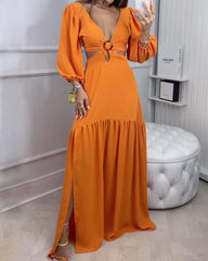 V-Neck Lantern Sleeve Leaky Waist Solid Color Dress