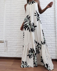 Printed Halter Neck Open Back Resort Style Dress