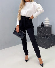 Fashionable Solid Color Turtleneck Top & Trousers Two-piece Set