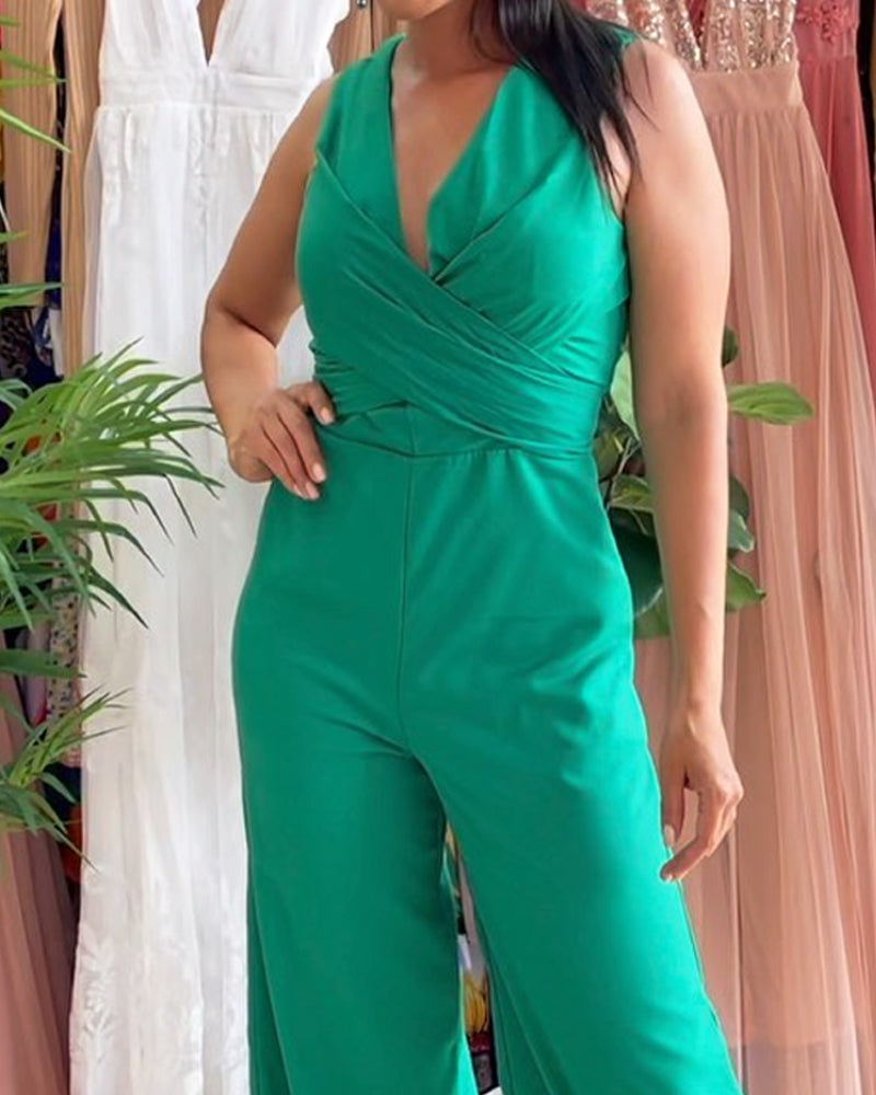 Casual Solid Color V-neck Jumpsuit