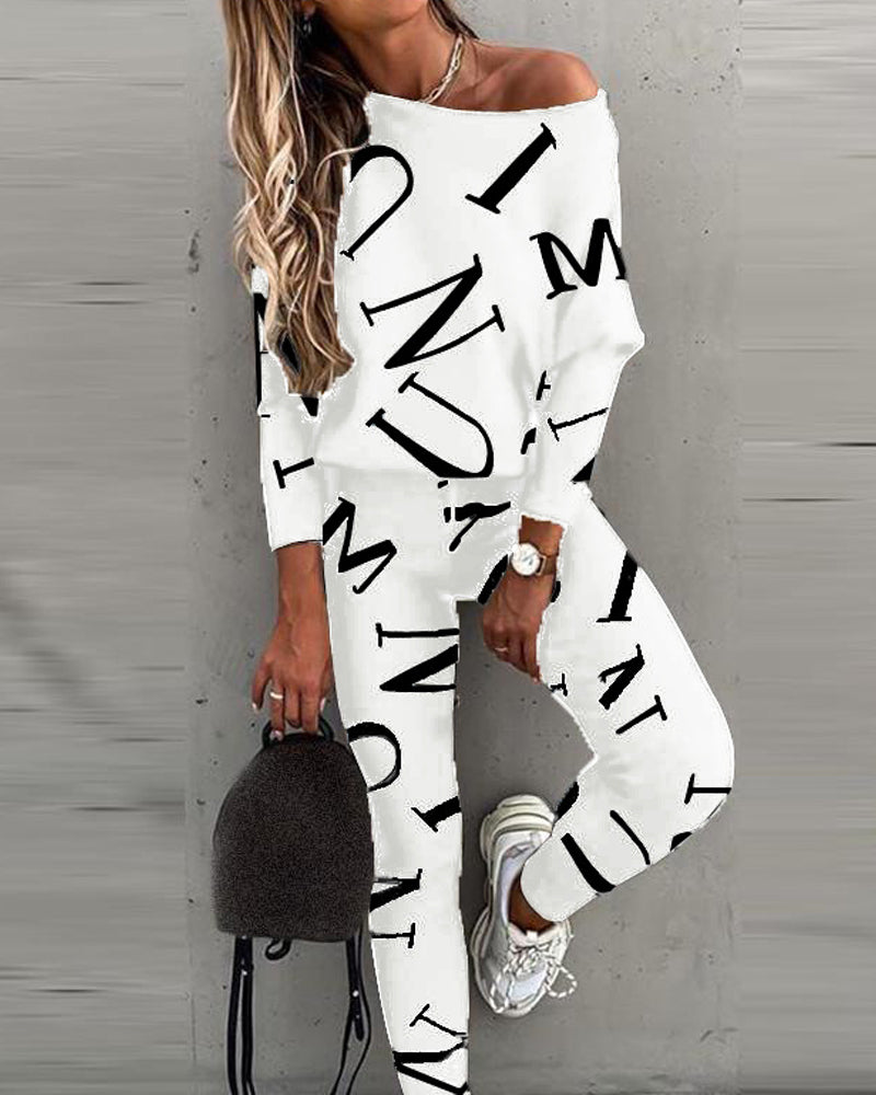 Casual Letter Print Long Sleeve Top & Pants Two-Piece Set