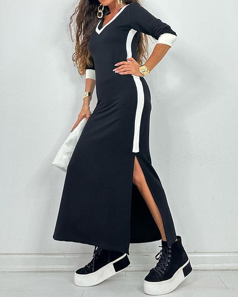 Colorblock Slit V-neck Casual Dress