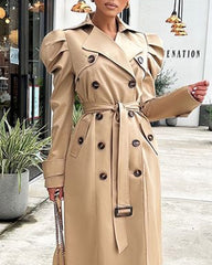 Solid Color Puff Sleeves Featured Double-breasted Casual Strappy Fashion Coat